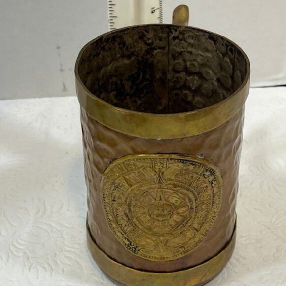 VTG Handmade Hammered Copper Brass Aztec Mayan Calendar Mug Cup Stein 4.5" Tall - Picture 10 of 14